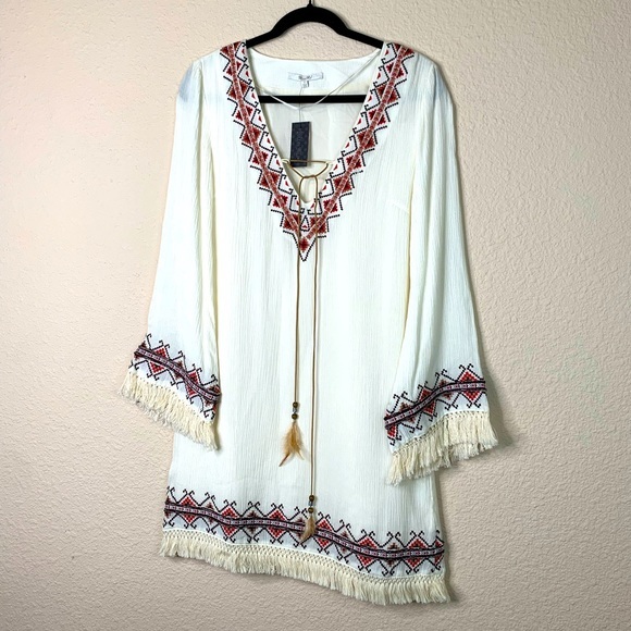Miss Me Tunic Top Crepe Tassel Tie Strings Embroidered Peasant BOHO Macrame Sz S - Picture 9 of 16